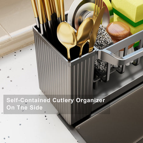 Grey sink caddy organiser shown on a kitchen benchtop