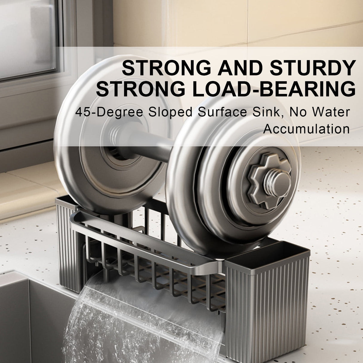 Dimensions of the grey sink caddy organiser on a plain background