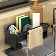Black sink caddy organiser with draining tray and hanging towel rod
