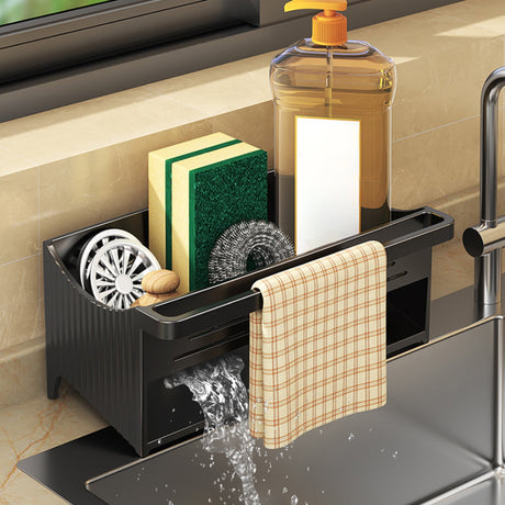 Black sink caddy organiser with draining tray and hanging towel rod