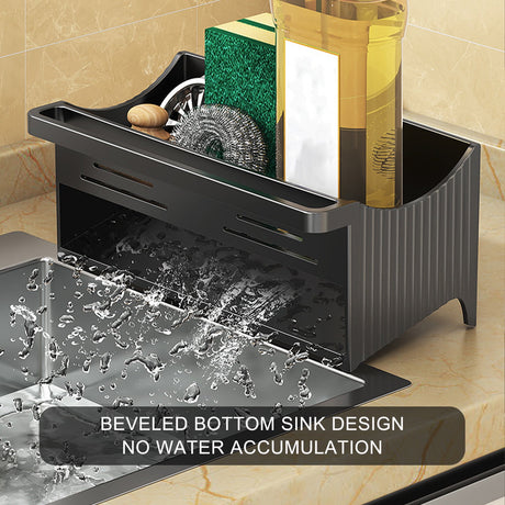 Sponges and brushes stored in the black sink caddy tray