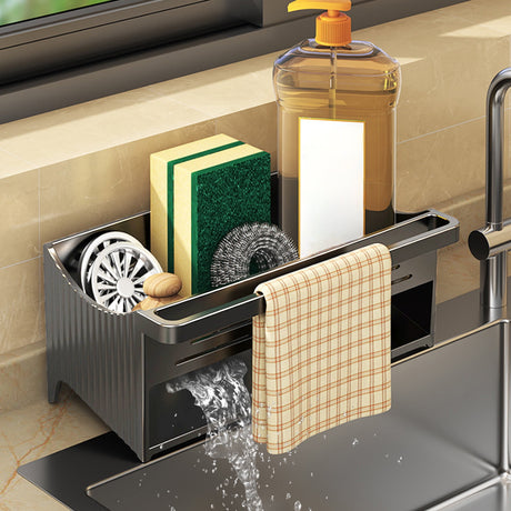 Grey sink caddy organiser with draining tray and hanging towel rod