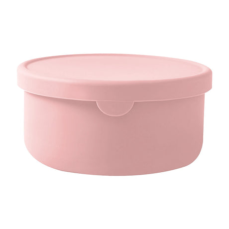 Pink reusable silicone baby snack container with lid