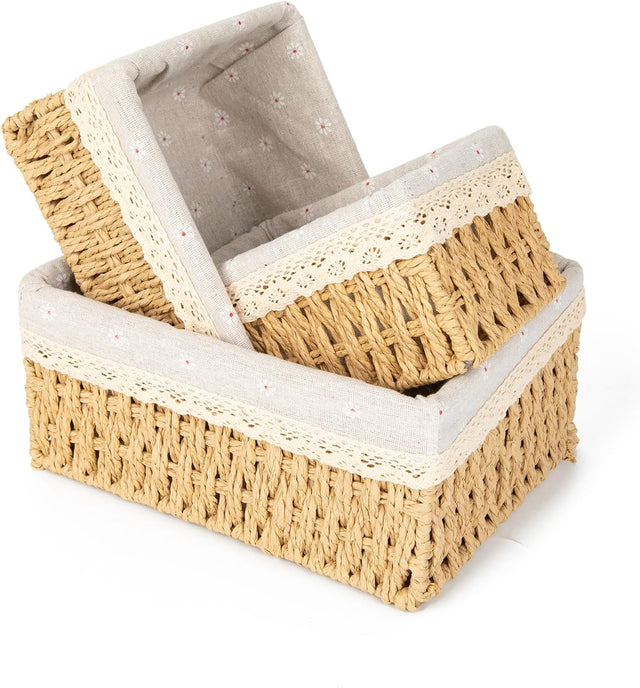 Gunn set of three graduated woven storage baskets with floral fabric lining