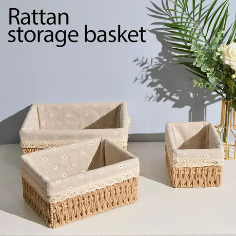 Woven Storage Basket Set with Fabric Lining, Floral, 3 Piece