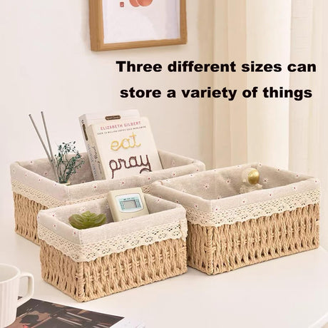 Woven Storage Basket Set with Fabric Lining, Floral, 3 Piece