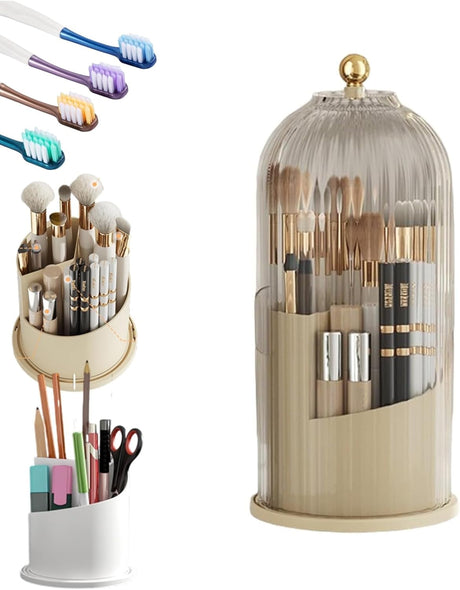 Concealed toothbrush holder with the sliding lid closed over the contents on a bathroom vanity