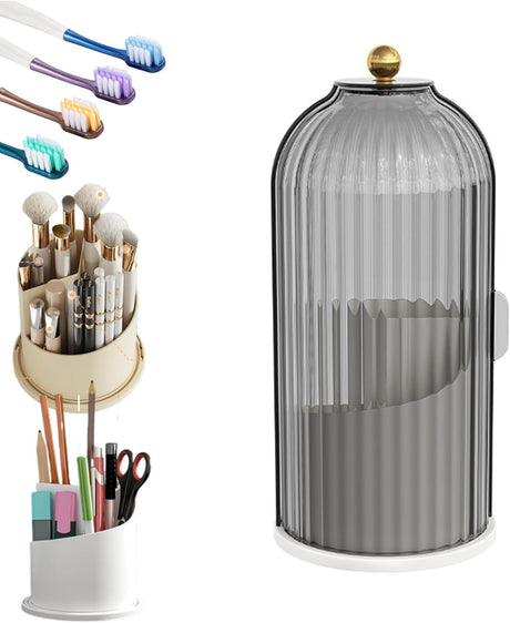 Rotating interior of the covered holder turned to bring a toothbrush slot to the front