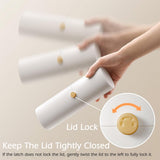 Twist lock latch on the lid of the white travel toothbrush case