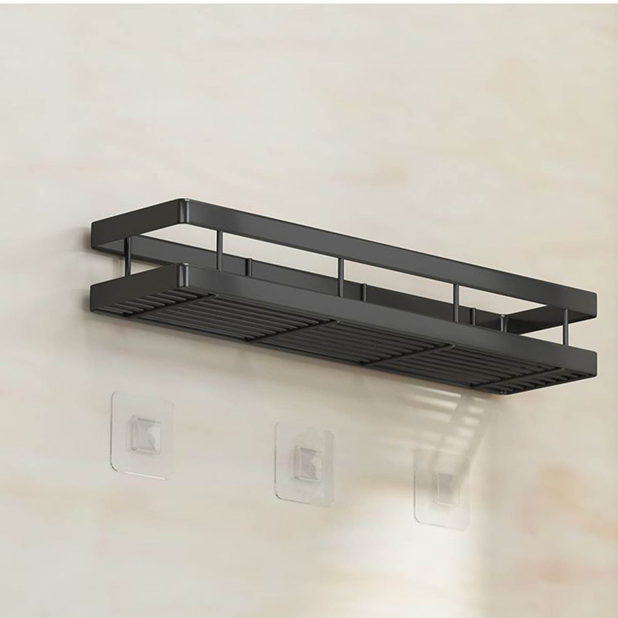 Black metal wall mounted storage shelf with adhesive no drill mounting, 30 cm wide