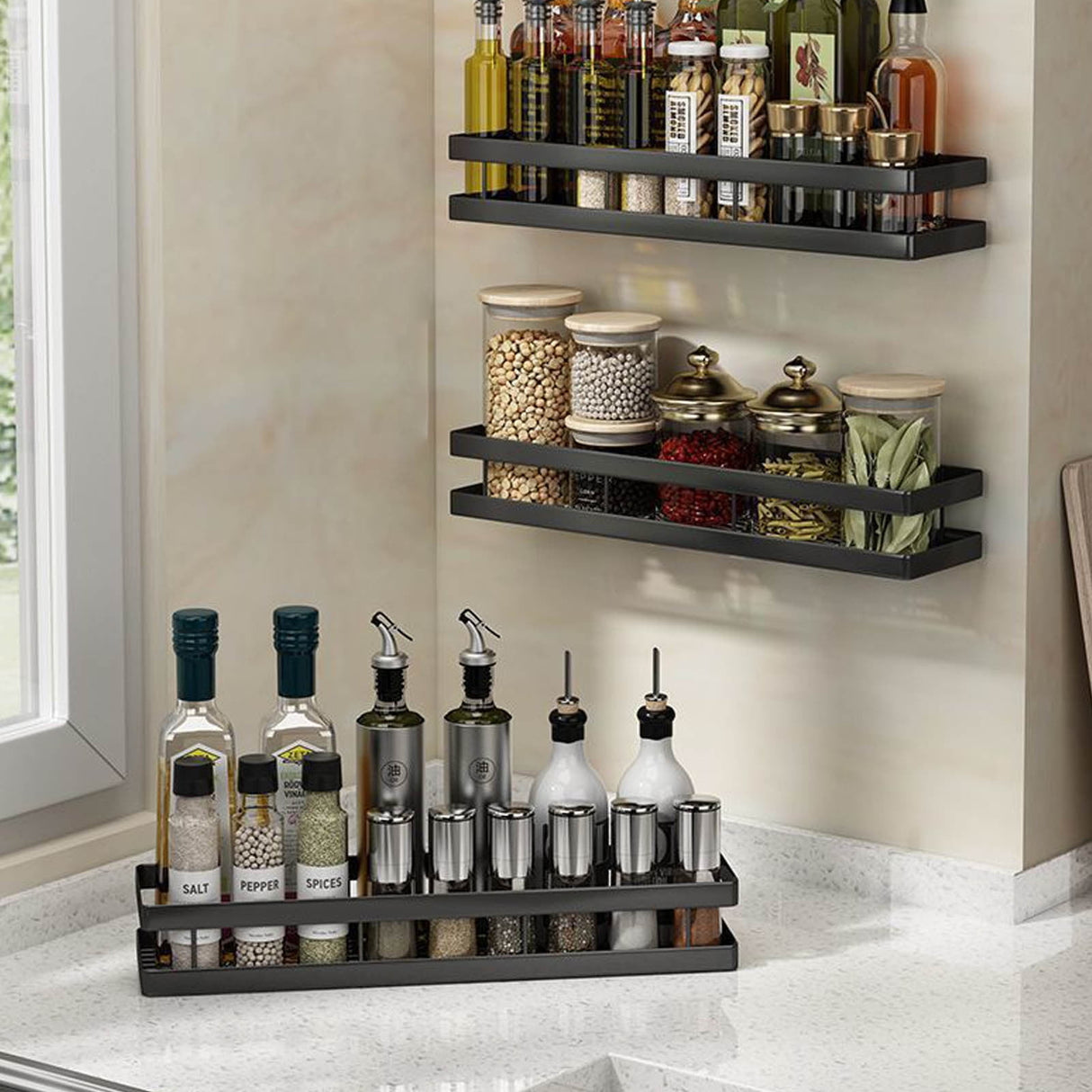 Black metal adhesive shelf used in a bathroom to store soap and skincare bottles