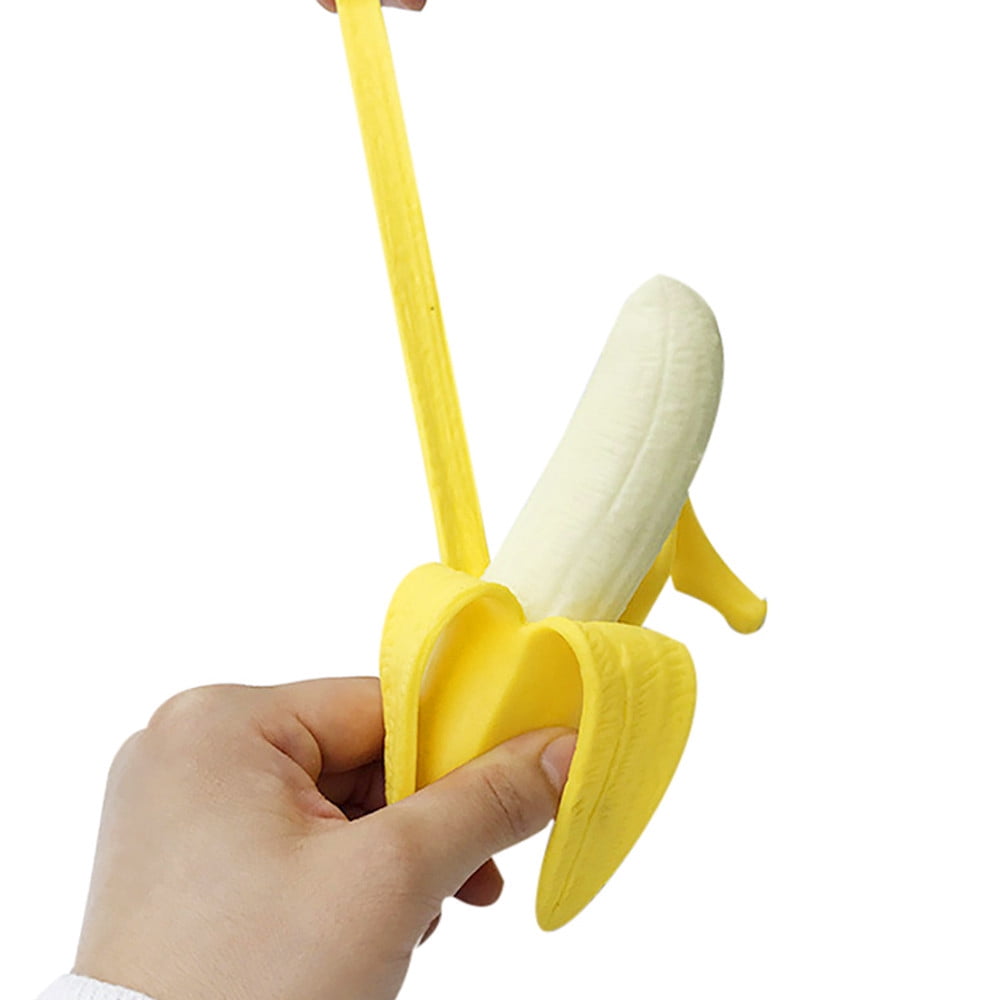 Stretchy banana stress ball being squeezed