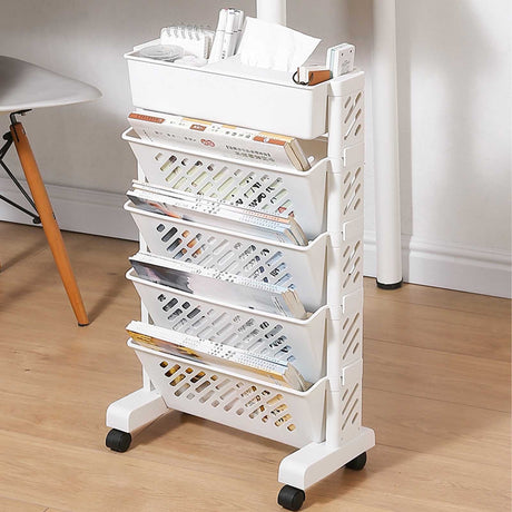 Mobile Rolling Bookshelf with Wheels, White