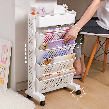 Mobile Rolling Bookshelf with Wheels, White