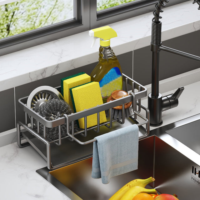 Style A kitchen sink sponge holder and caddy organiser with draining tray