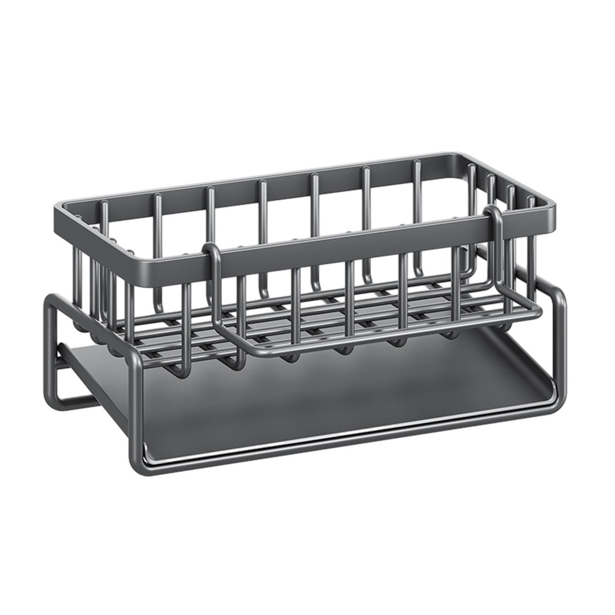 Sink caddy holding a sponge, dish brush and soap beside a kitchen sink