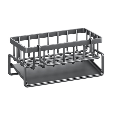 Sink caddy holding a sponge, dish brush and soap beside a kitchen sink