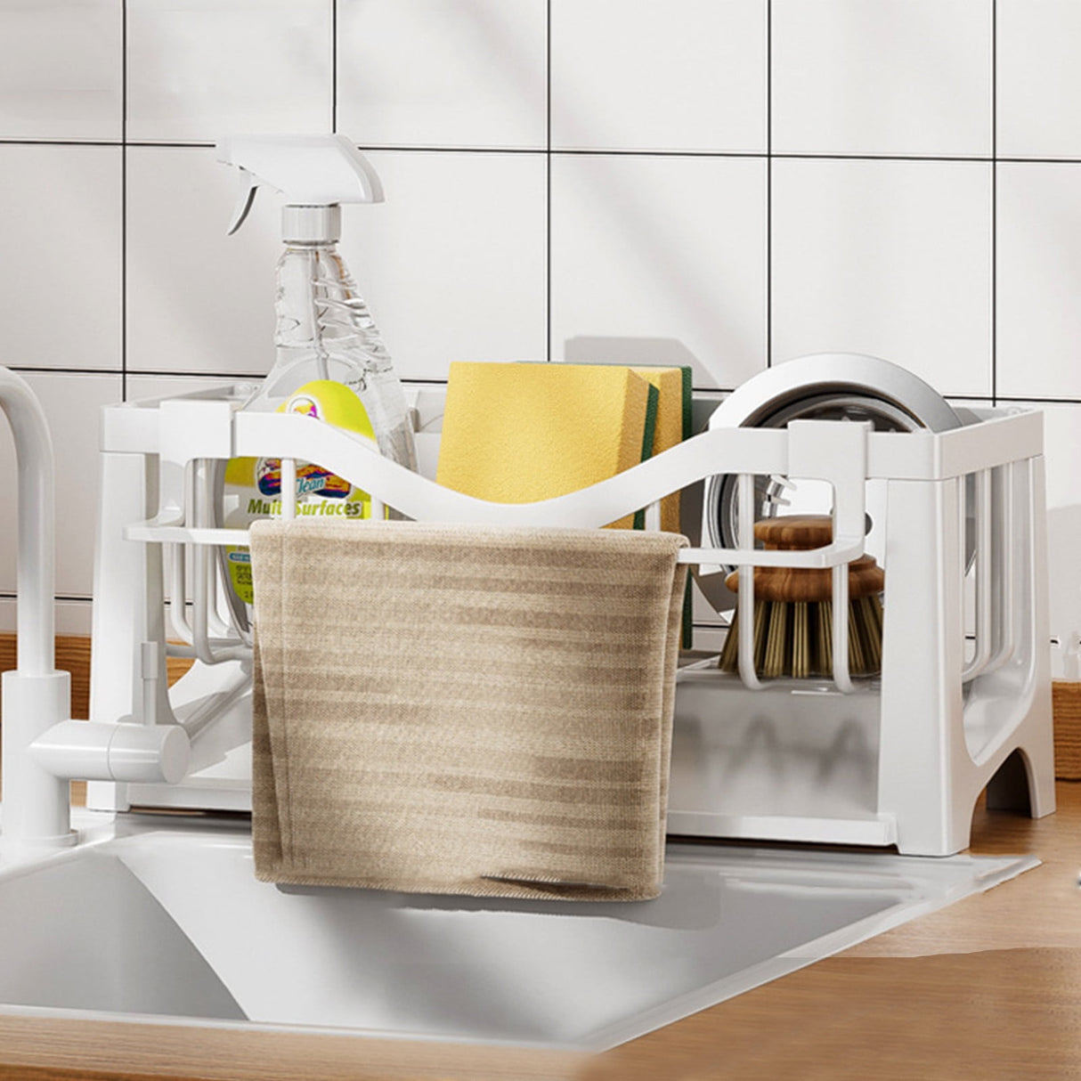 Style C kitchen sink sponge holder and caddy organiser with draining tray