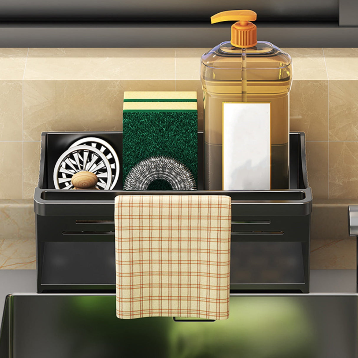 Sink sponge holder in use on a kitchen benchtop next to the tap