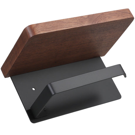 Coffee toned wood and stainless steel toilet roll holder with a storage shelf on top