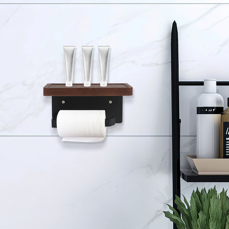 Top shelf of the timber roll holder holding a phone and small toiletries