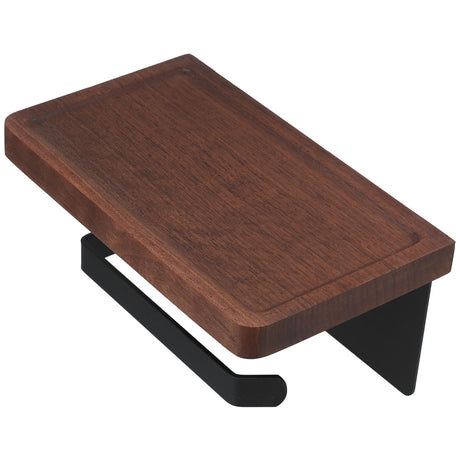 Angled view showing the timber shelf and stainless steel frame of the roll holder