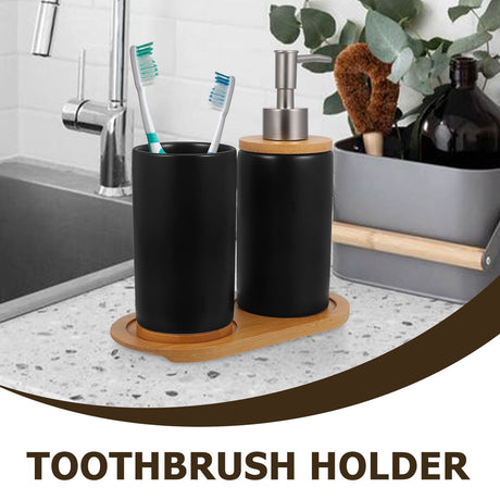 Bathroom accessories set arranged neatly on a benchtop beside a basin