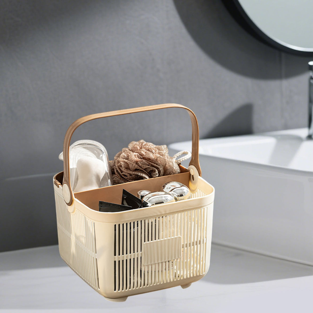 Grey plastic portable shower caddy tote with carry handle and two tier design