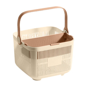 Shower tote upper tier holding shampoo and body wash bottles