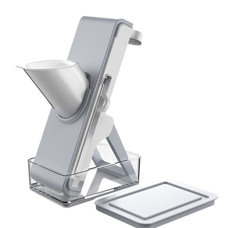 Grey four in one vegetable slicer and dicer with stainless steel blades