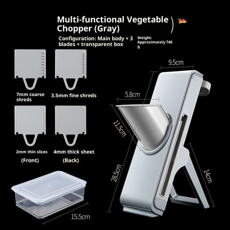 Vertical vegetable slicer in use cutting chips and julienne strips