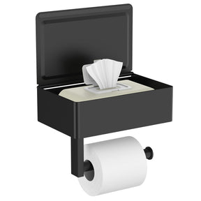 Matte black toilet paper holder with storage shelf mounted on a bathroom wall