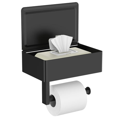 Matte black toilet paper holder with storage shelf mounted on a bathroom wall