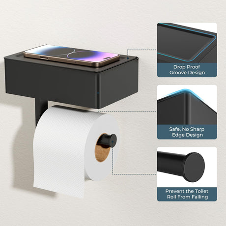 Toilet roll on the bar with flushable wipes stored on the shelf above