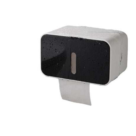 Black enclosed toilet paper holder with full cover mounted on a wall
