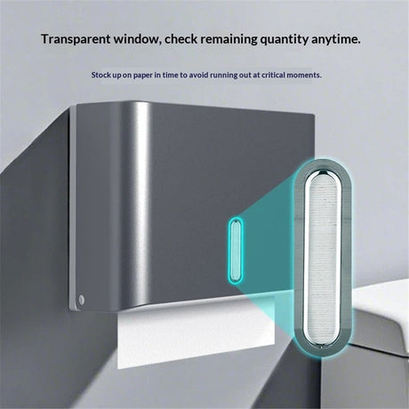 Front view of grey multifold hand towel dispenser showing curved paper outlet