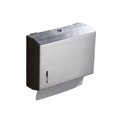 Sandblasted stainless dispenser with a towel pulled from the curved exit