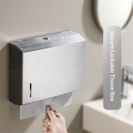 Dispenser cabinet open with the key, showing the paper towel stack