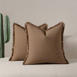 Brown bohemian cushion cover with fringe trim, 45 x 45 cm square, shown front on