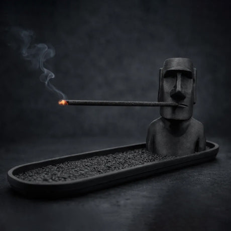 Black Moai statue incense holder with ash tray