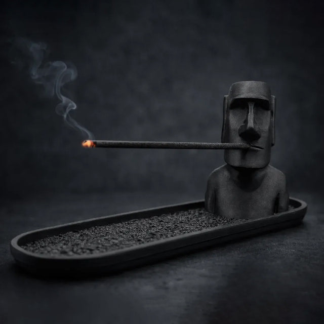 Black Moai statue incense holder with ash tray