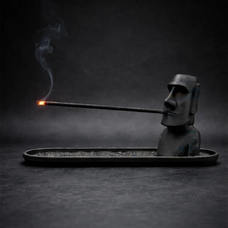 Black Moai statue incense holder with ash tray