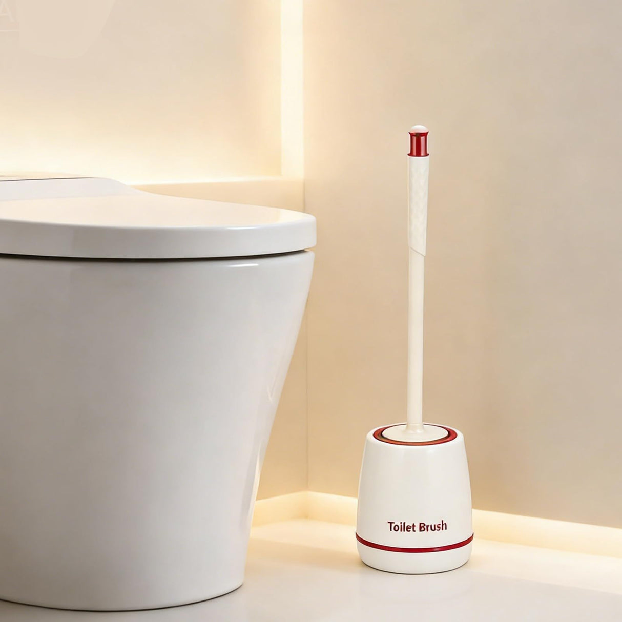 Close up of the hemispherical nylon bristle head on the silver toilet brush