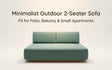 Two seater outdoor sofa in teal fabric on a solid teak frame