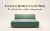 Two seater outdoor sofa in teal fabric on a solid teak frame