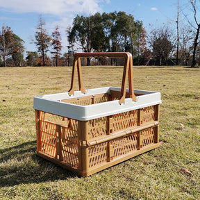 Eymet ventilated foldable picnic basket in brown with beige carry handle