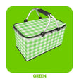 Brantome foldable insulated picnic basket with green checkered aluminium foil lining
