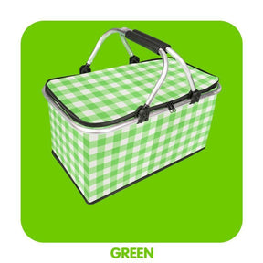 Brantome foldable insulated picnic basket with green checkered aluminium foil lining