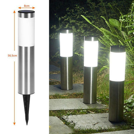Silver stainless steel solar garden stake light with cool white LED