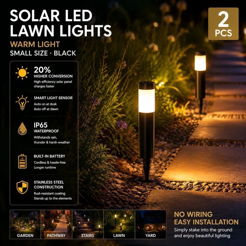 Black stainless steel solar garden stake light warm white two pack